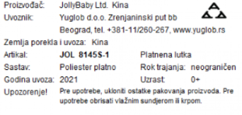 Sozzy baby platnena lutka 8145S-1 deklaracija